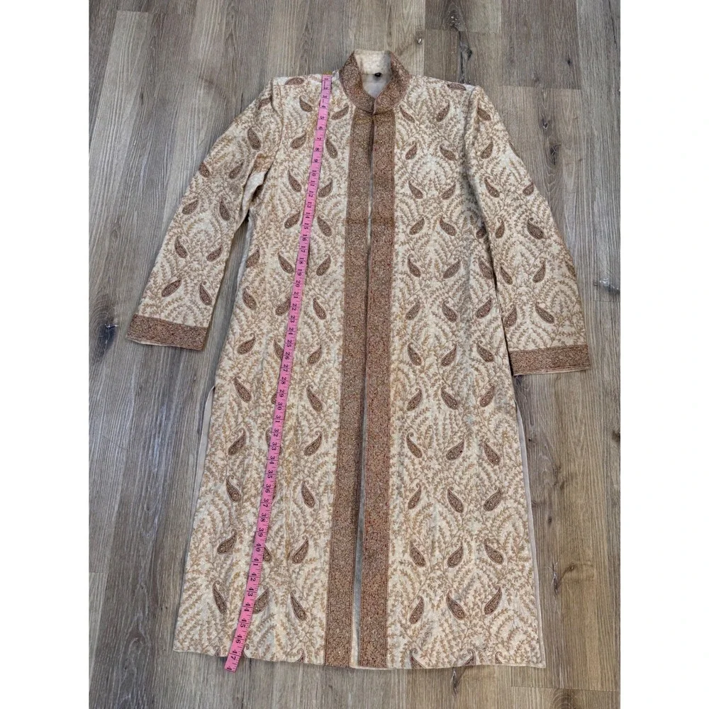 Sherwani Long Coat Mens 38 Cream Gold Paisley Embroidered Bollywood Desi Groom